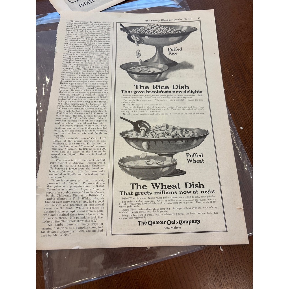 Vintage Quaker Oats Puffed Rice Ad 1921 Literary Digest Ephemera Wall Art Decor